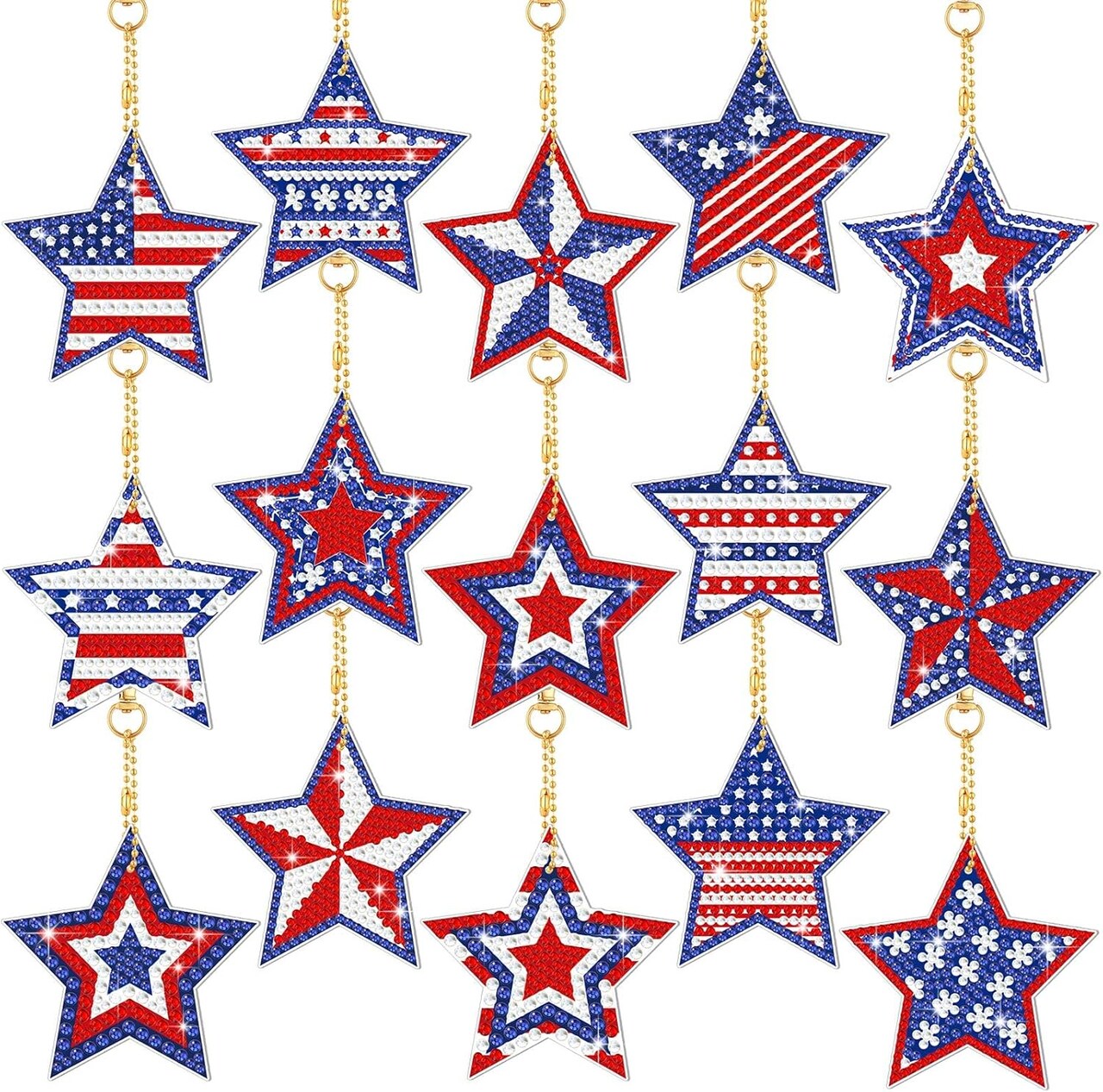 15 Pcs 4th of July Star Diamond Art Keychains Kits Memorial Day Patriotic Diamond Painting Red White Blue Ornaments Independence Day Diamond Key Chains Gems Art for Adults Kids Teens Craft